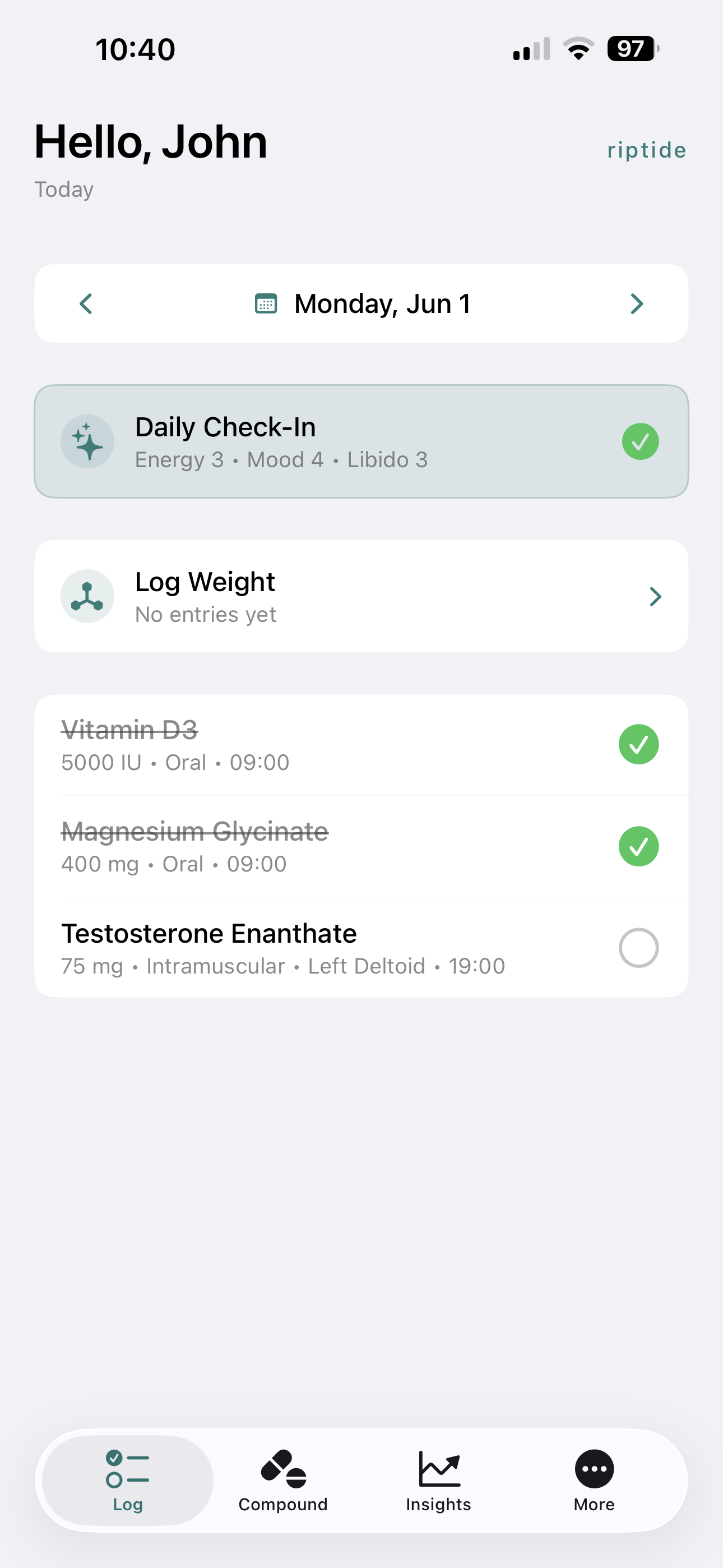 riptide Log screen showing daily check-in, weight, and administration history
