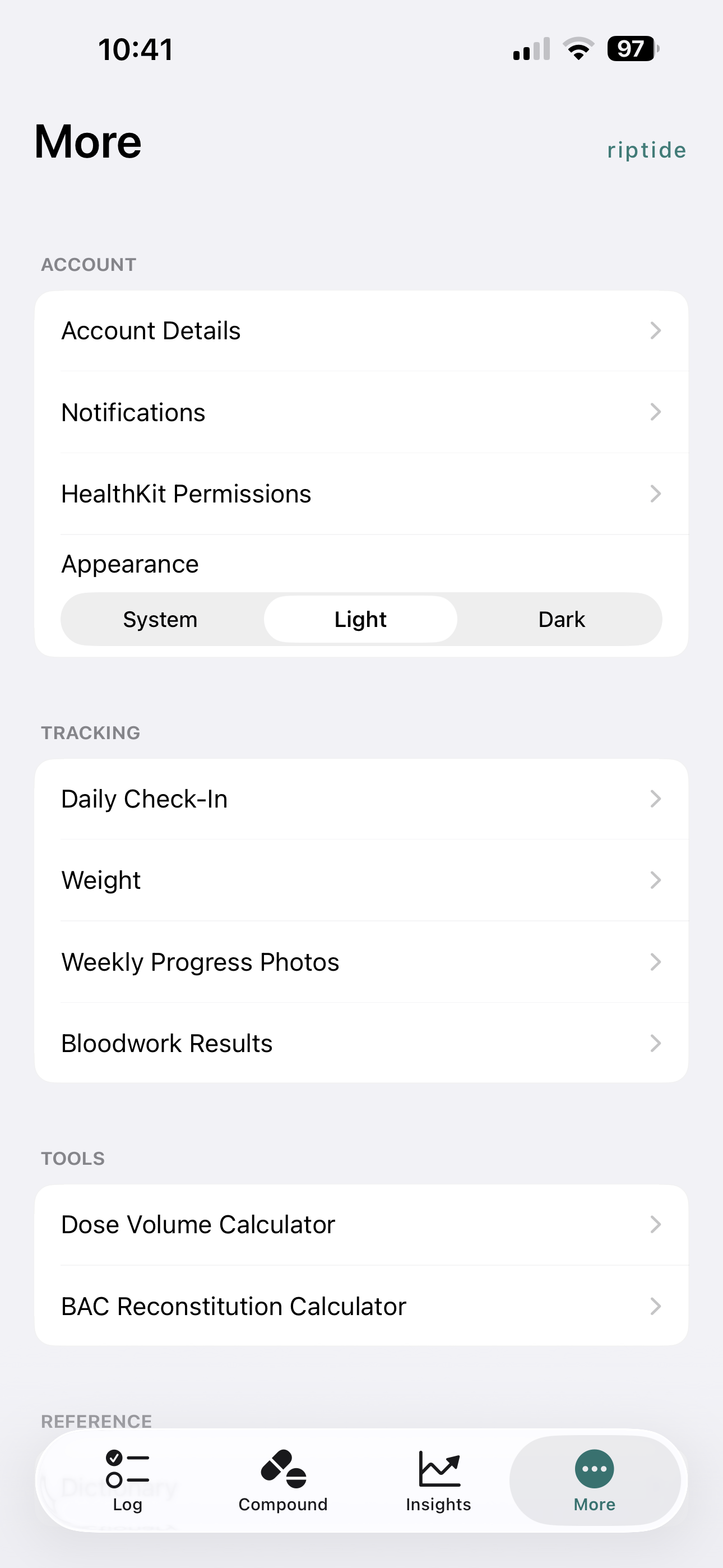 riptide More screen with settings and tracking links